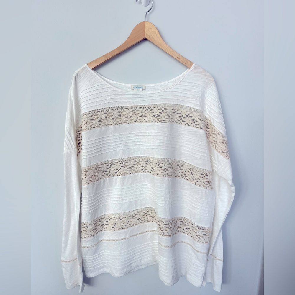 Sundance White Long-Sleeve Cotton Top with Lace - Women’s XL
